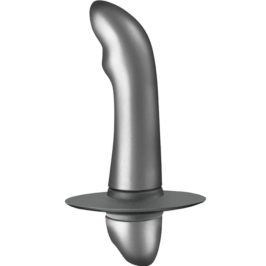 Stimulateur de prostate debutant Gratus en finition argentee, vue de face sur la tige courbee a tete arrondie et la base a disque, compact et elegant etanche.