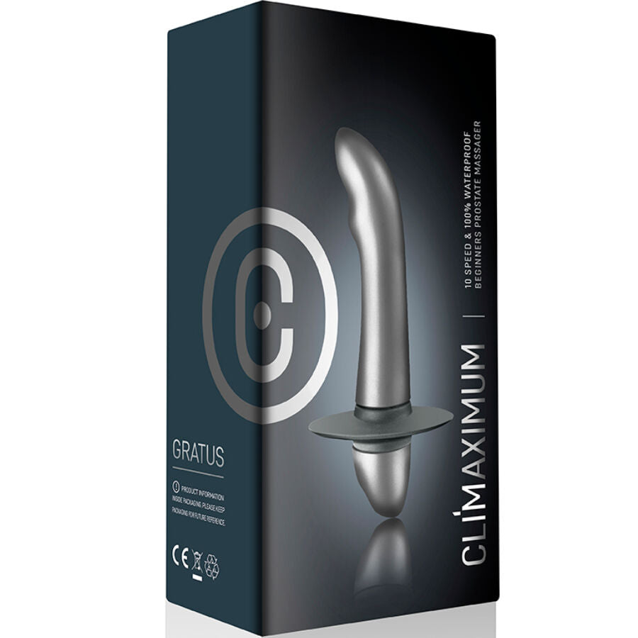 Boite du stimulateur de prostate debutant Gratus Climaximum, packaging anthracite presentant le jouet courbe et les mentions 10 vitesses waterproof.