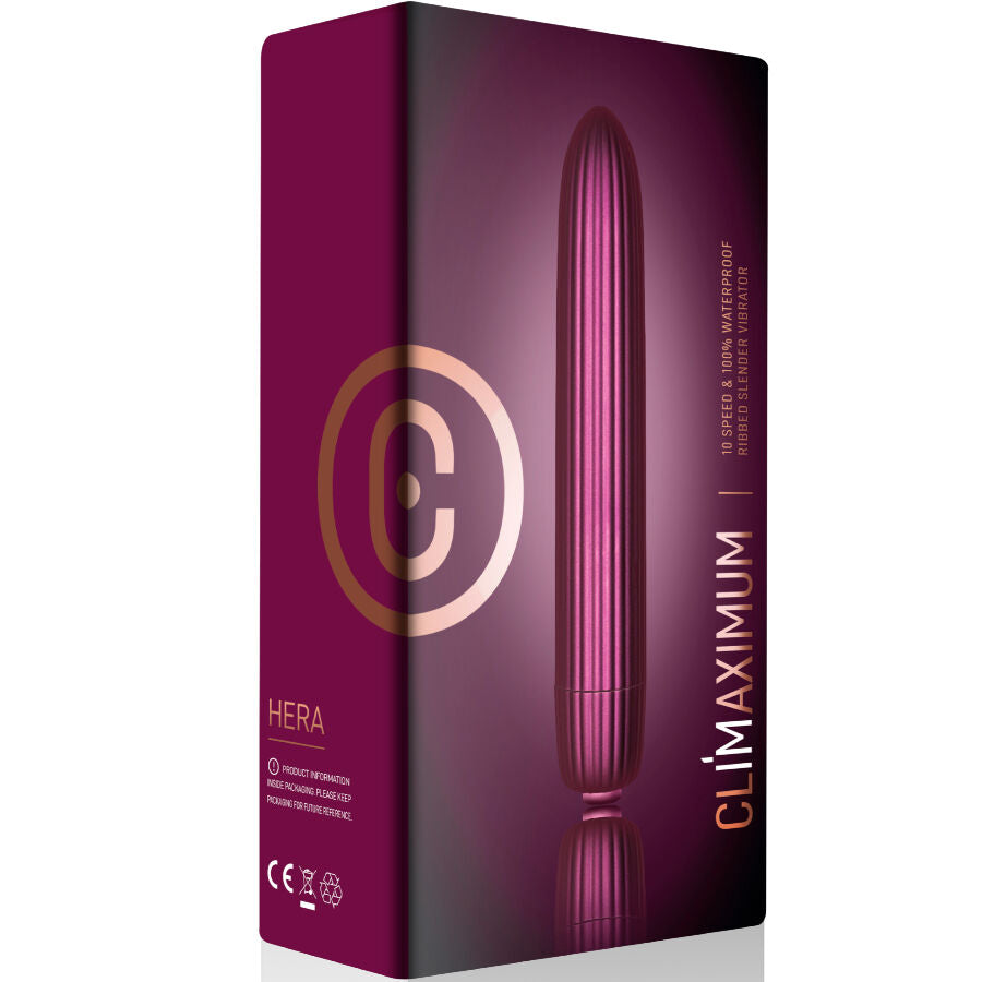 Boite du mini vibromasseur nervure Hera Climaximum, packaging prune montrant le jouet strie et les mentions 10 vitesses waterproof format discret.