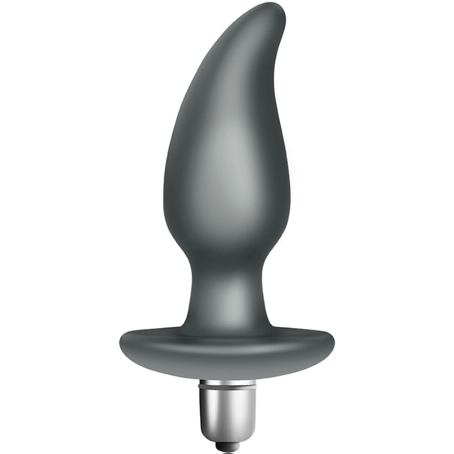 Plug anal vibrant Idosi anthracite a embout incurve, vue de face sur la pointe recourbee, la base evasee de securite et la finition silicone et ABS etanche.
