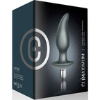 Boite du plug anal vibrant Idosi Climaximum, packaging anthracite presentant le plug incurve et les mentions 10 vitesses waterproof base evasee securisee.
