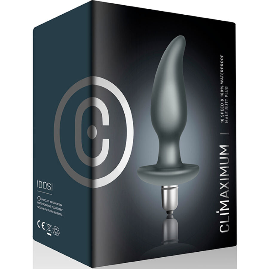 Boite du plug anal vibrant Idosi Climaximum, packaging anthracite presentant le plug incurve et les mentions 10 vitesses waterproof base evasee securisee.