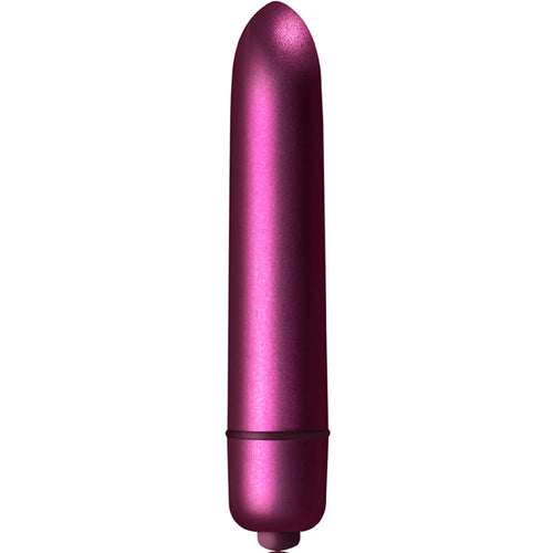 Mini vibromasseur bullet Jolie en finition prune metallisee, vue de face sur sa forme allongee aux courbes douces et son capuchon, plastique ABS etanche IPX7.