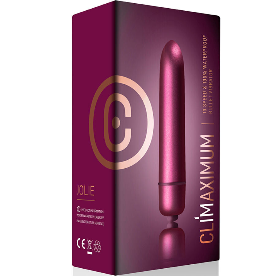 Boite du mini vibromasseur bullet Jolie Climaximum, packaging prune montrant le bullet metallise et les mentions 10 vitesses waterproof format discret.