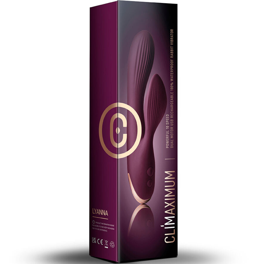 Boite du vibromasseur rabbit Lyanna Climaximum, packaging prune presentant le rabbit a deux branches et les mentions 10 vitesses USB rechargeable waterproof.