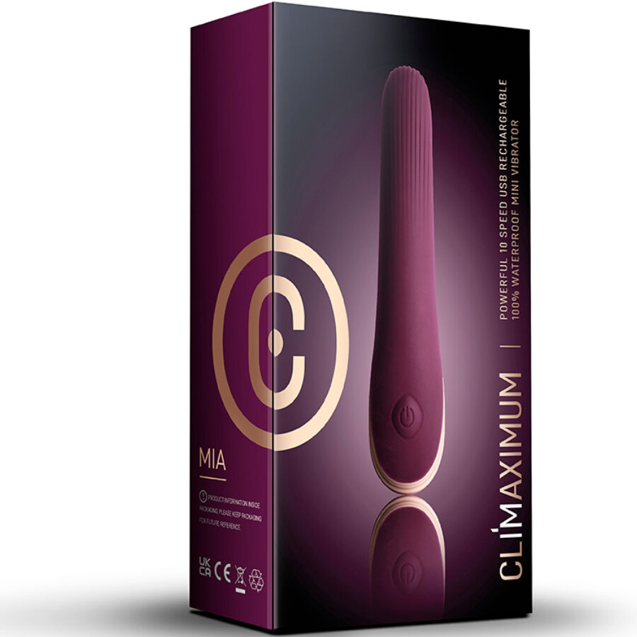 Boite du vibromasseur discret Mia Climaximum, packaging prune presentant le jouet epure et les mentions 10 vitesses USB rechargeable waterproof discret.