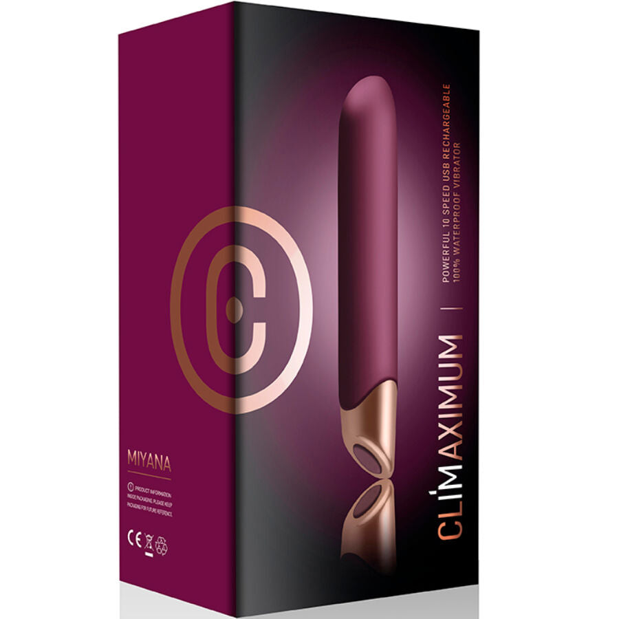 Boite du vibromasseur classique Miyana Climaximum, packaging prune presentant le jouet a pointe conique et les mentions 10 vitesses USB rechargeable waterproof.