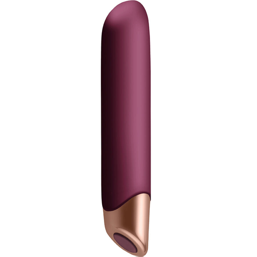 Vibromasseur classique Miyana en silicone prune a pointe conique, vue de face sur le corps lisse galbe et la base doree, stimulation precise etanche rechargeable.