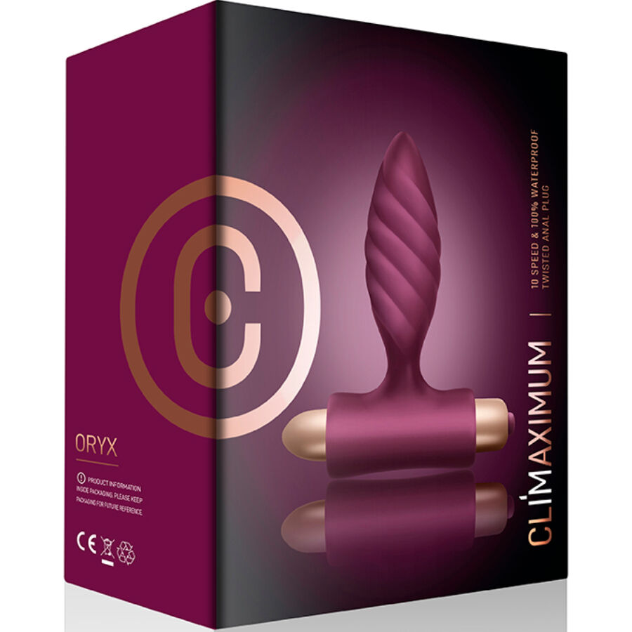 Boite du plug anal vibrant torsade Oryx Climaximum, packaging prune presentant le plug spirale et les mentions 10 vitesses waterproof silicone medical.