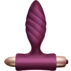 Plug anal vibrant torsade Oryx en silicone medical prune, vue de face sur l'embout fin en spirale, la base en T et le module vibrant dore, glisse en douceur etanche.
