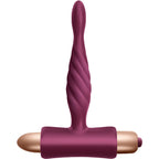 Plug anal vibrant debutant Pharos en silicone prune, vue de face sur l'embout spirale effile, la base en T et le module vibrant dore, velours doux etanche.