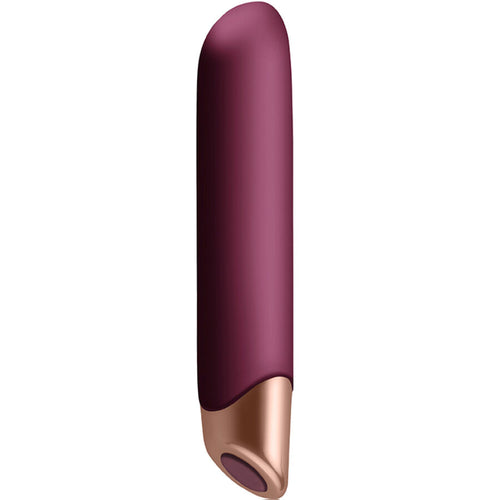Vibromasseur classique du coffret Rapture en silicone prune, vue de face sur la pointe conique lisse et la base doree, stimulation precise a 10 vibrations etanche.