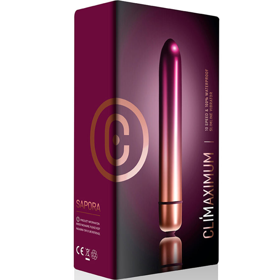 Boite du mini vibromasseur fin Sepora Climaximum, packaging prune montrant le jouet allonge degrade et les mentions 10 vitesses waterproof format discret.