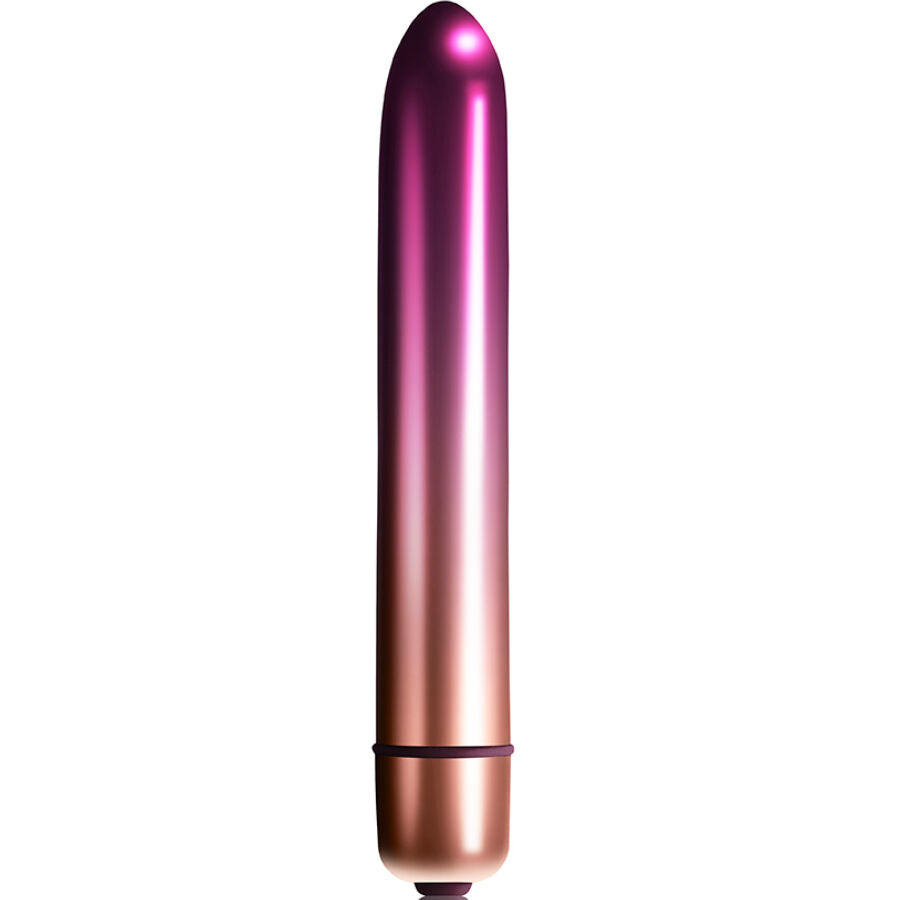 Mini vibromasseur fin Sepora en finition rose dore degrade, vue de face sur sa forme allongee lisse et elegante et son capuchon, plastique ABS etanche discret.