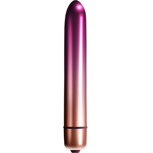 Mini vibromasseur fin Sepora en finition rose dore degrade, vue de face sur sa forme allongee lisse et elegante et son capuchon, plastique ABS etanche discret.