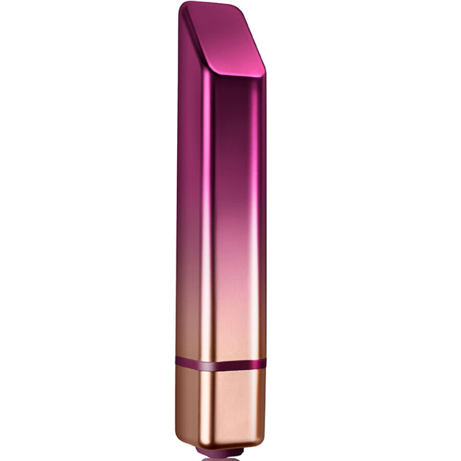 Mini vibromasseur Trema en forme de rouge a levres, finition prune degrade dore, vue de face sur le capuchon biseaute lisse, surface soyeuse discrete etanche IPX7.