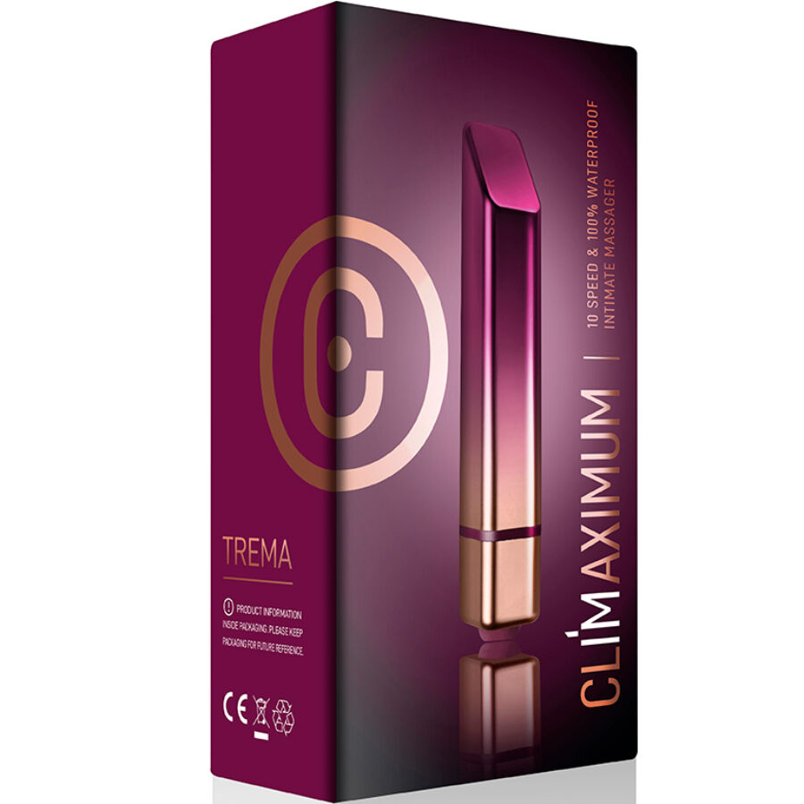 Boite du mini vibromasseur rouge a levres Trema Climaximum, packaging prune presentant le jouet discret et les mentions 10 vitesses waterproof intime.