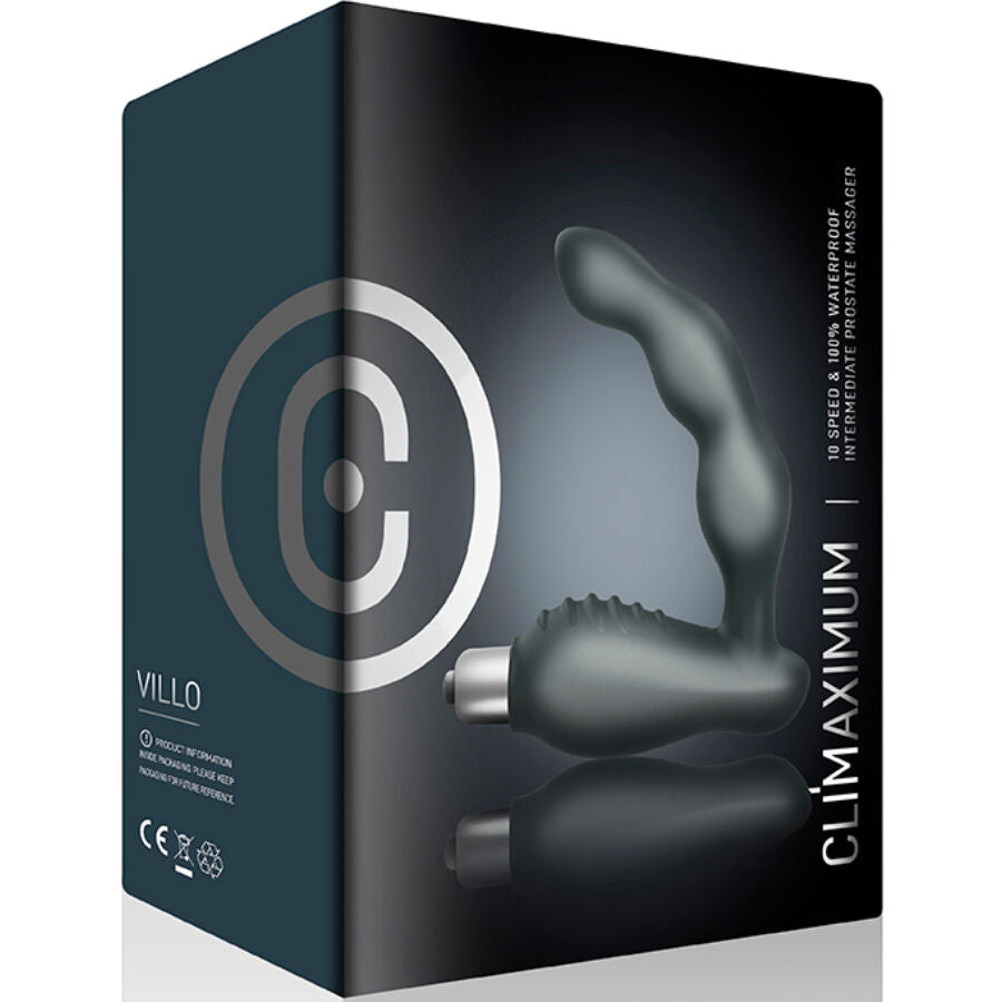 Boite du stimulateur de prostate Villo Climaximum, packaging anthracite presentant le masseur a tete inclinee et les mentions 10 vitesses waterproof.