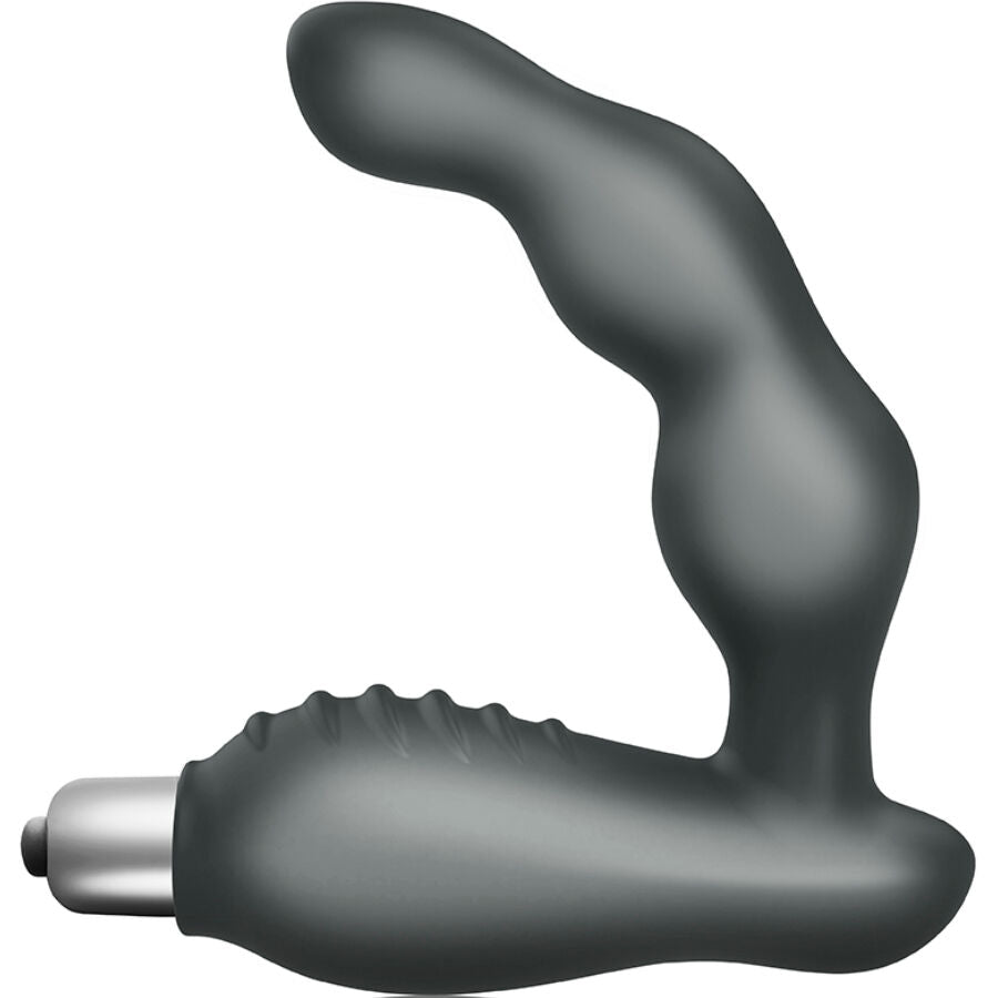 Stimulateur de prostate Villo anthracite a tete inclinee, vue de face sur la courbe ergonomique, le bras perineal nervure et le module vibrant argente, etanche.