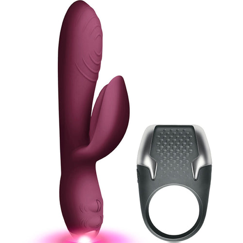 Vibromasseur rabbit prune a deux branches et anneau penien LED anthracite du coffret Lamour, vue produit des deux jouets en silicone doux a 10 niveaux etanches.