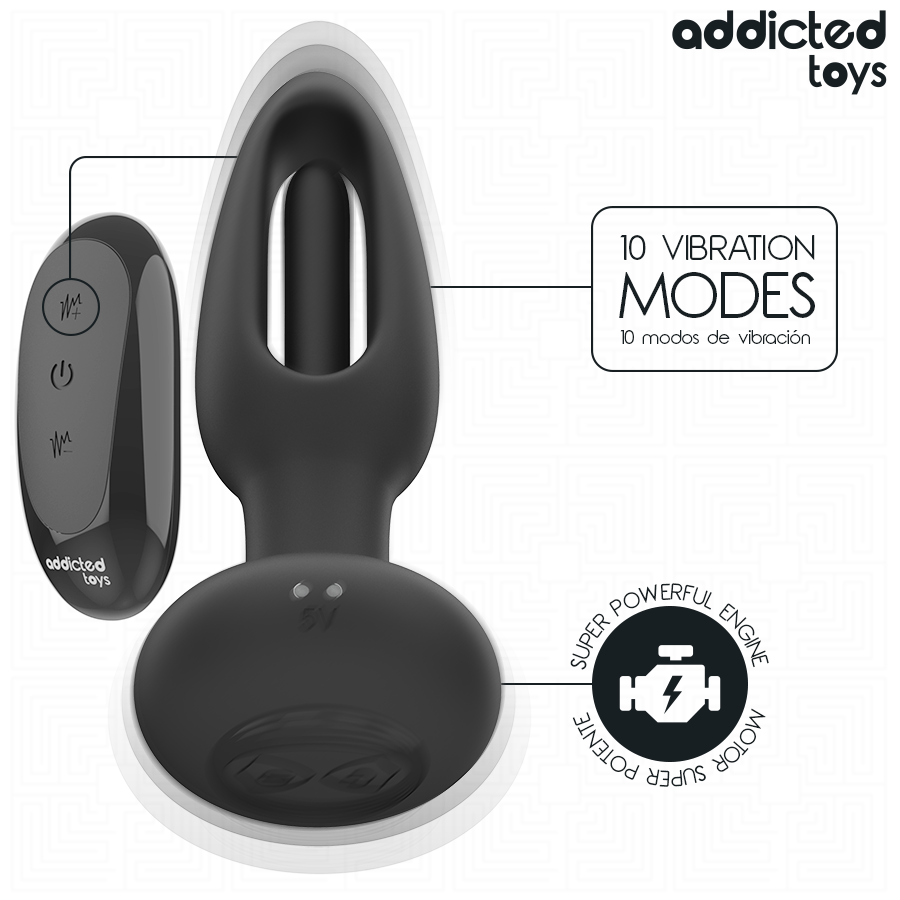 Plug anal Addicted a langue oscillante avec sa telecommande, mise en avant des 10 modes de vibration et du moteur puissant, silicone noir flexible vibrant.