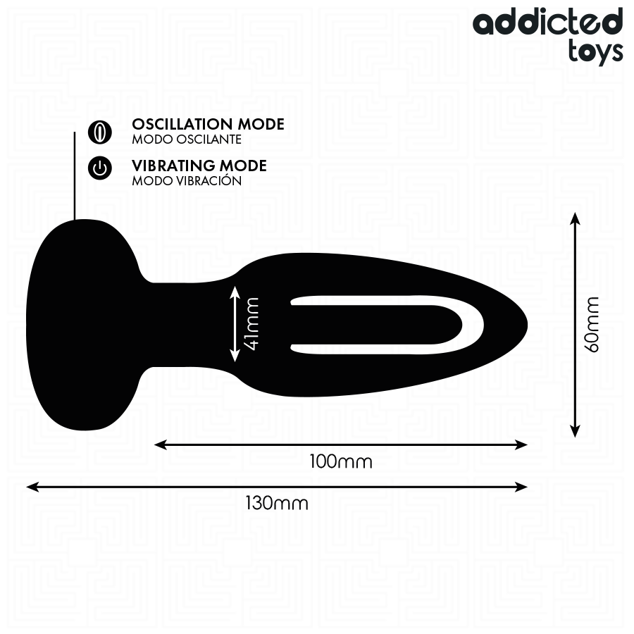 Schema technique du plug anal a langue Addicted, cotes 60, 100 et 130 mm, modes oscillation et vibration illustres, silicone vibrant pour stimulation anale.