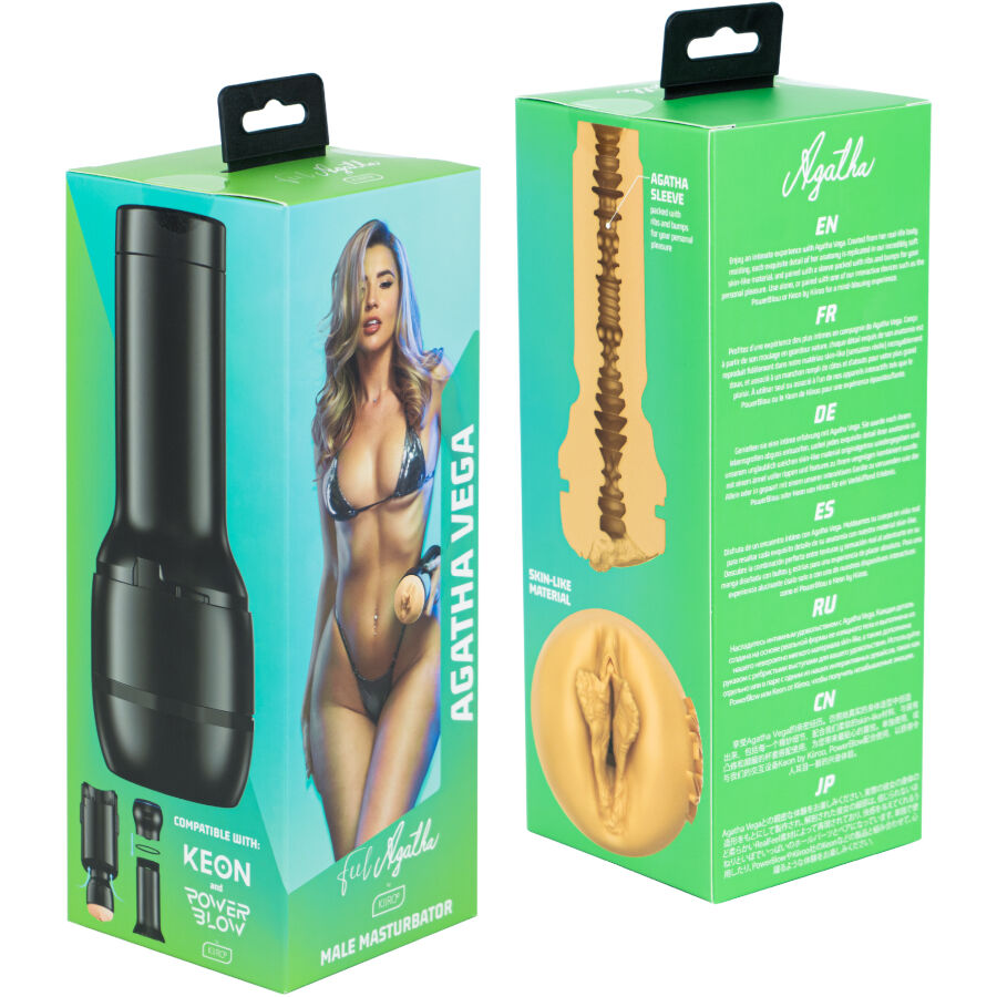 Boite verte Agatha Vega Keon montrant une actrice en lingerie et l'orifice vulve realiste de la gaine TPE, masturbateur moule de la Stars Collection Kiiroo.