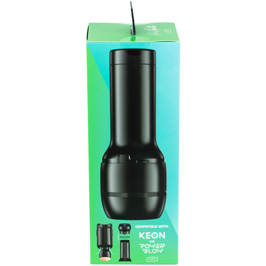 Boite verte Agatha Vega du masturbateur Keon, etui noir cylindrique avec base demontable et accessoires, gaine TPE moulee sur actrice compatible appareil interactif Kiiroo.