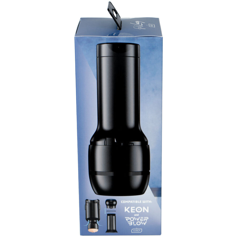 Masturbateur moule Feel Lacy Lennon en etui Keon noir cylindrique, vue de face avec base demontable et accessoires, gaine texturee TPE pour appareil interactif Kiiroo.