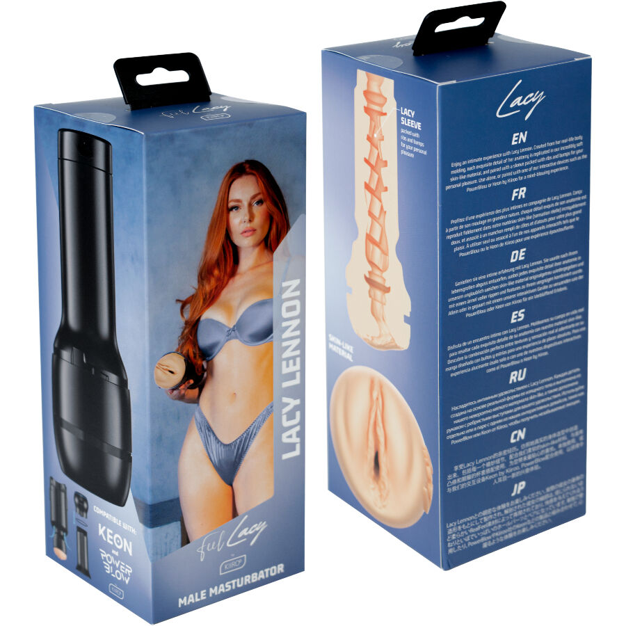 Boite masturbateur Feel Lacy Lennon affichant une actrice en lingerie et la gaine TPE moulee, packaging bleu de la Stars Collection Kiiroo compatible Keon.