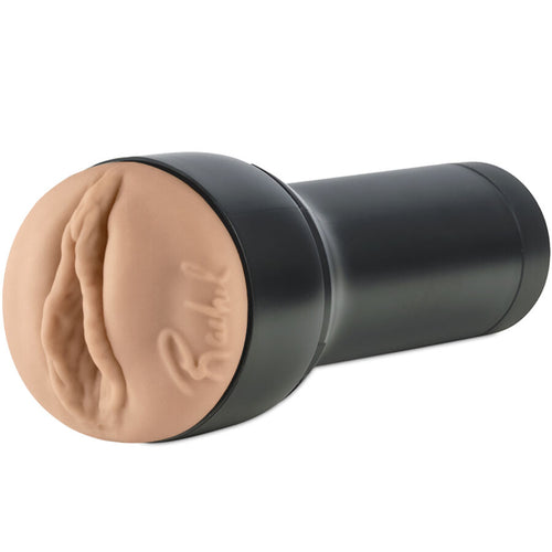 Masturbateur Rachel Starr de profil, gaine vulve realiste couleur chair moulee a l'avant d'une coque noire allongee, matiere TPE souple compatible Keon, Kiiroo.