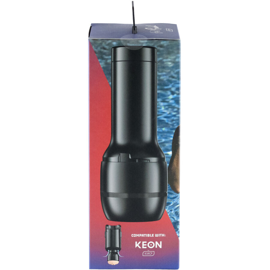 Boite Rachel Starr montrant le masturbateur en coque noire fermee compatible Keon, emballage bleu sans anatomie visible, appareil interactif connecte Kiiroo.