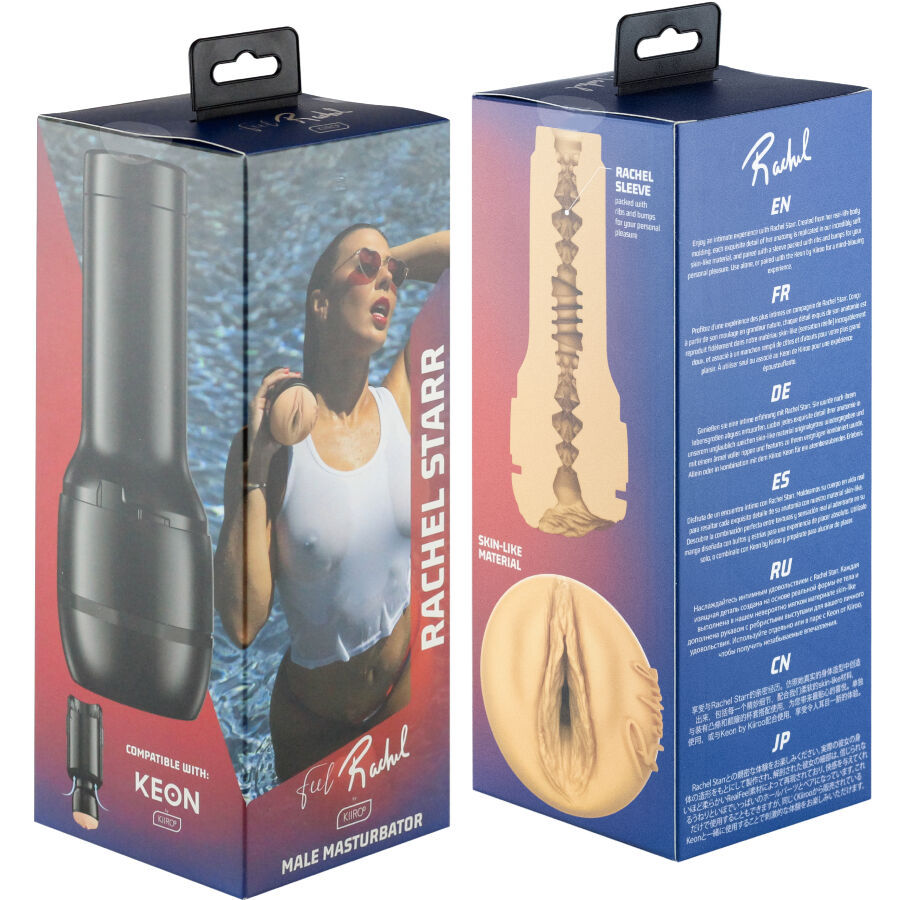 Coffret Rachel Starr Keon, boite a deux faces avec modele en maillot et gaine vulve realiste couleur chair en TPE, masturbateur compatible appareil interactif.