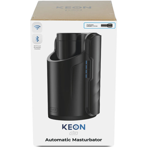 Boite Keon Automatic Masturbator montrant l'appareil automatique noir avec poignee, masturbateur connecte WiFi a va-et-vient motorise et gaine Feel Stroker Kiiroo.