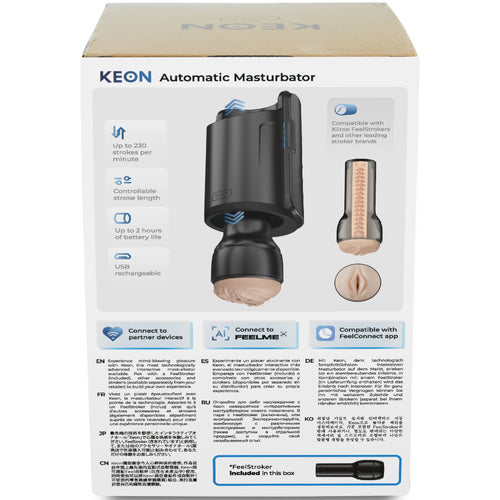 Dos de la boite Keon Automatic Masturbator avec schemas techniques et pictogrammes, masturbateur automatique connecte Keon livre avec gaine Feel Stroker Kiiroo.