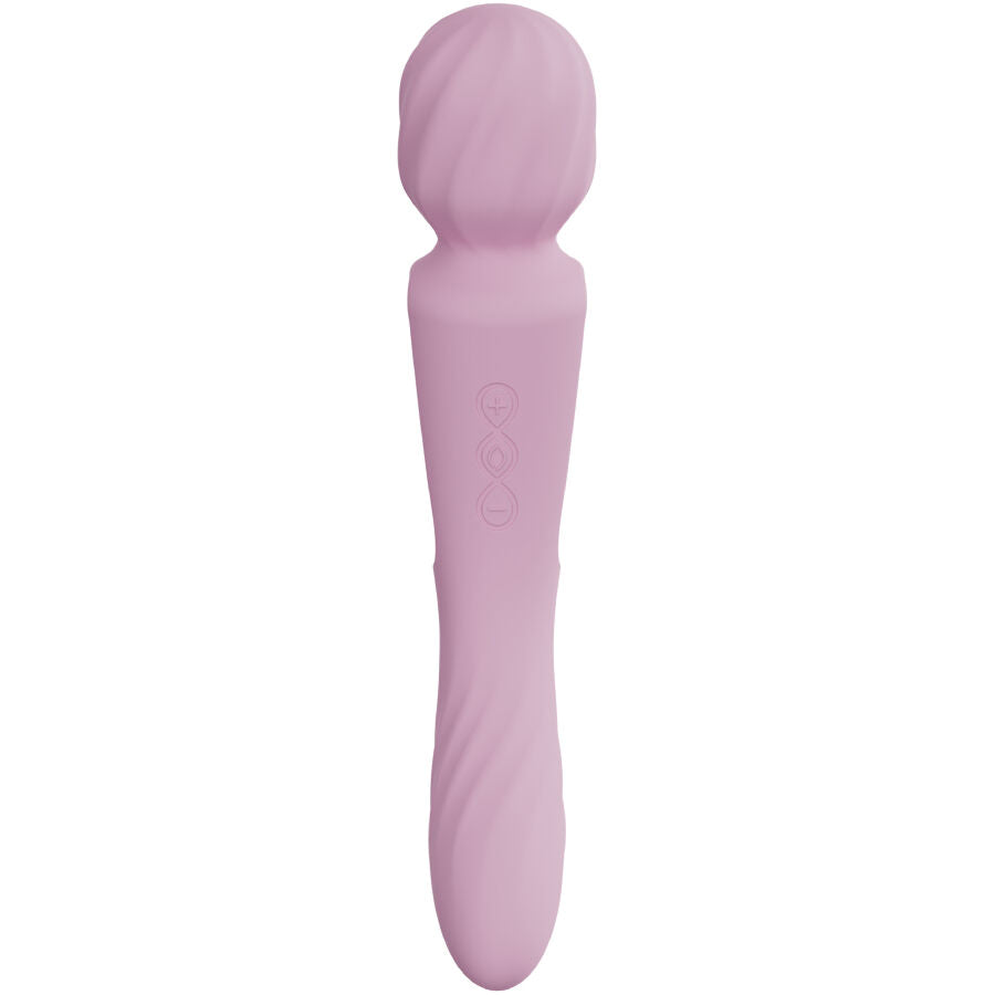 Wand double stimulation Lelo rose vu de face silhouette fine et tete bombee, masseur connecte en silicone a double extremite et rainures sensorielles rechargeable.