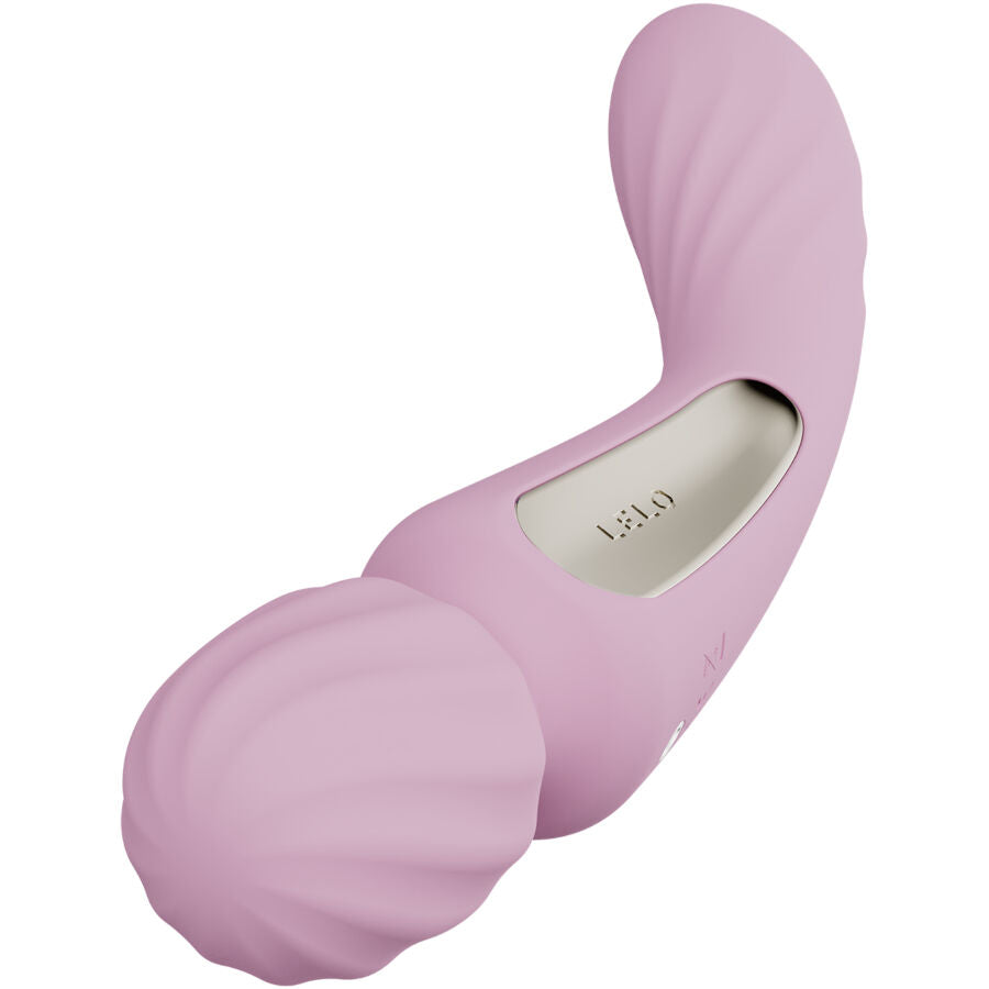 Wand double stimulation Lelo rose vu de l extremite cannelee bombee, masseur connecte en silicone a deux moteurs et rainures sensorielles pour externe et interne.