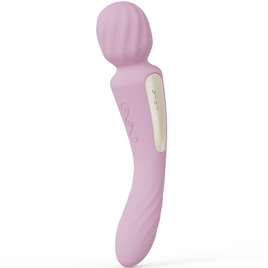 Wand double stimulation Lelo rose vu droit tete large vibrante en haut, masseur connecte en silicone a deux moteurs et manche ergonomique rechargeable.