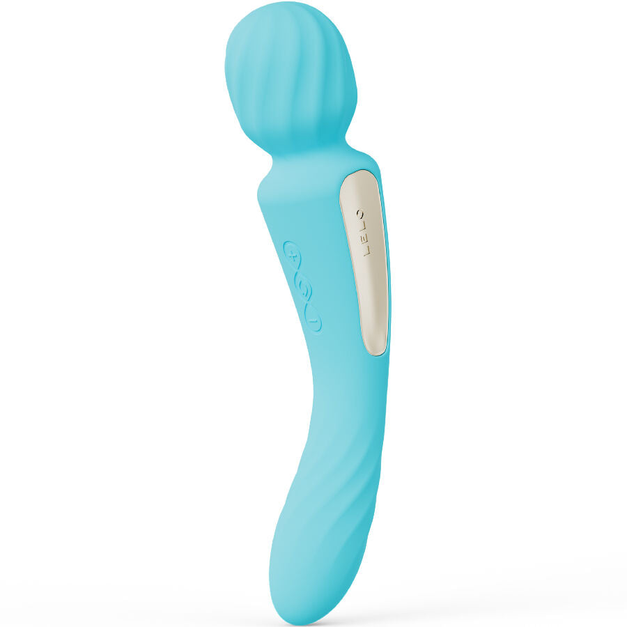 Wand double stimulation Lelo bleu turquoise de profil tete large vibrante, masseur connecte en silicone a deux moteurs et commande tactile rechargeable.