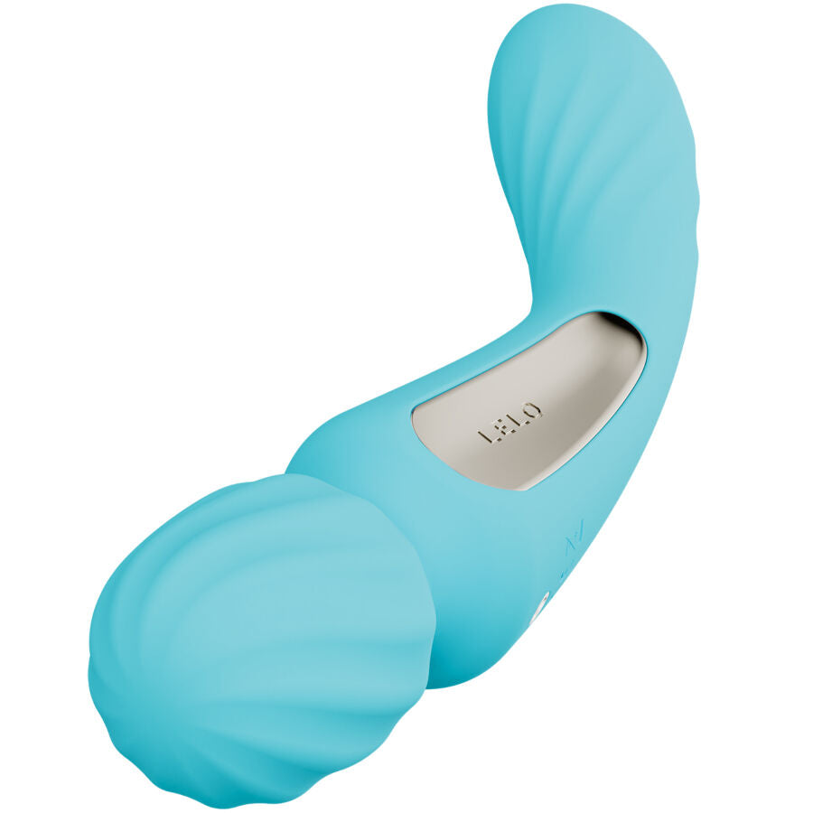 Wand double stimulation Lelo bleu turquoise vu de l extremite cannelee bombee, masseur connecte en silicone a deux moteurs et rainures sensorielles rechargeable.