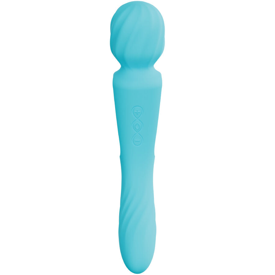 Wand double stimulation Lelo bleu turquoise vu droit silhouette fine et tete bombee, masseur connecte en silicone a double extremite et rainures sensorielles.