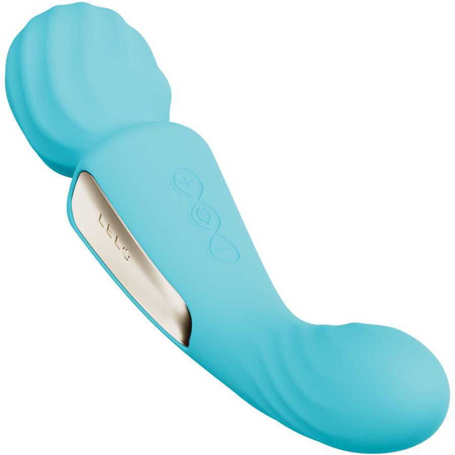 Wand double stimulation Lelo bleu turquoise courbe montrant ses deux tetes opposees, masseur connecte en silicone sans coutures a double moteur rechargeable.
