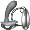 Masseur de prostate Toulz anthracite a conception spiralee avec bras perineal et telecommande filaire ovoide argentee, vue produit sur la courbe ergonomique etanche.