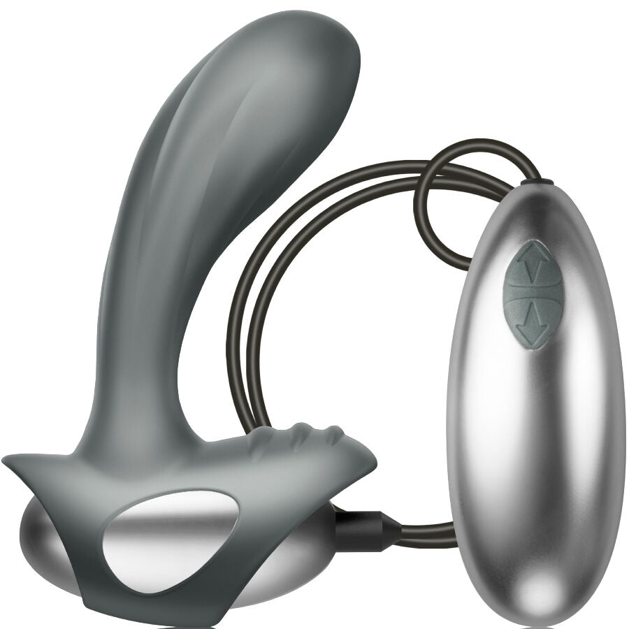 Masseur de prostate Toulz anthracite a conception spiralee avec bras perineal et telecommande filaire ovoide argentee, vue produit sur la courbe ergonomique etanche.