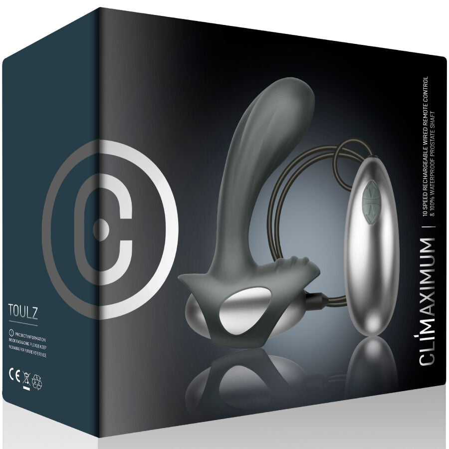 Boite du masseur de prostate Toulz Climaximum, packaging anthracite presentant le masseur spirale et sa telecommande filaire, mentions 10 vitesses waterproof.
