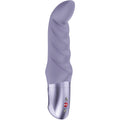 Vibromasseur point G Abby G en silicone lilas vu de face, tige a texture nervuree spiralee et embout en forme de gland, poignee metallisee a boutons pour quatre vitesses et six rythmes.