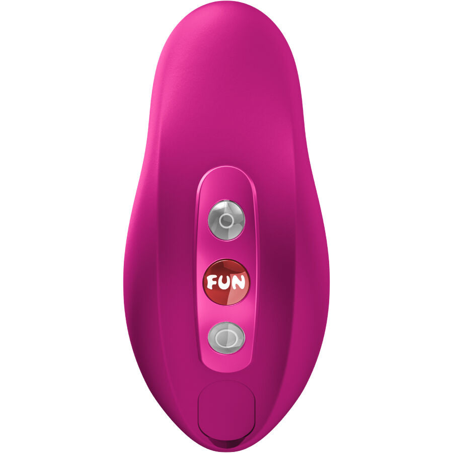 Stimulateur clitoridien double action fuchsia de dos, panneau avec bouton FUN et touches plus et moins, 11 modes air pulse et 12 modes de vibration.
