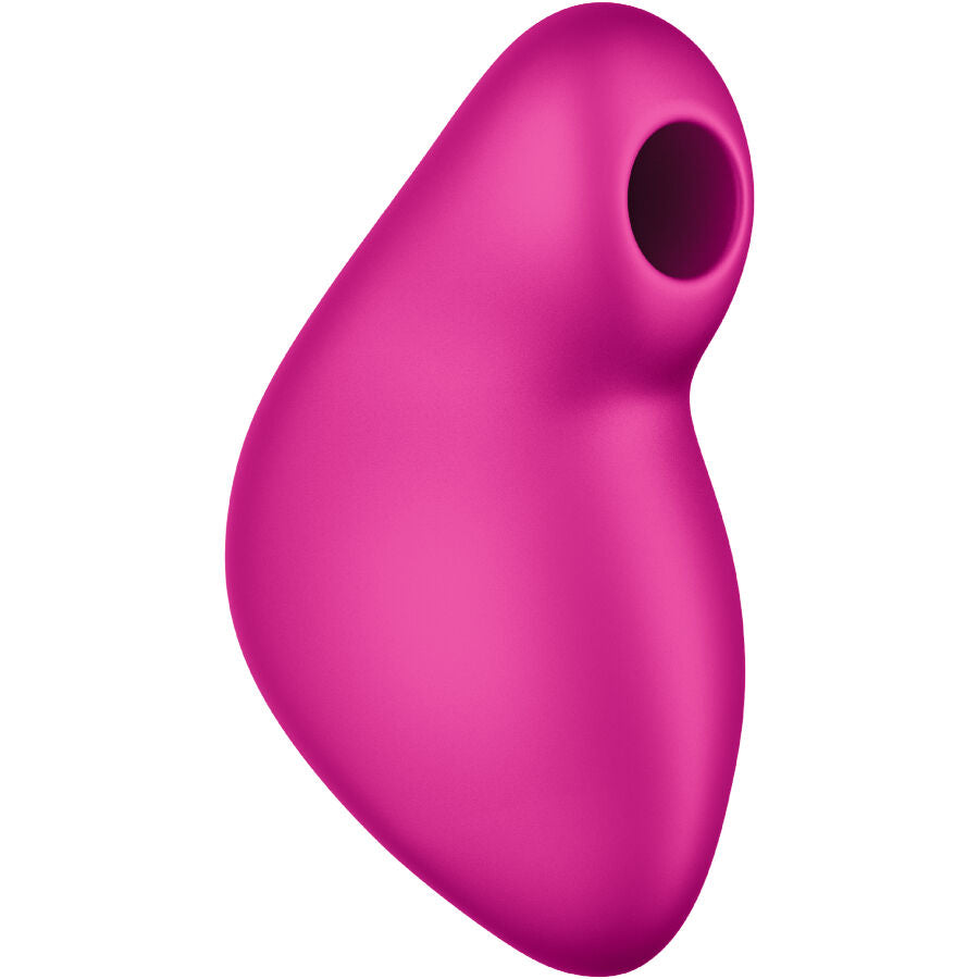 Stimulateur clitoridien double action fuchsia vu de face, ouverture d'aspiration visible, silicone offrant air pulse sans contact et vibrations puissantes.