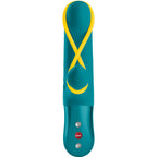 Rabbit Amorino en silicone vert vu de face, bande clitoridienne jaune en forme de boucle posee sur le corps vibrant, poignee a trois boutons de commande pour double stimulation.