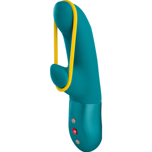 Rabbit Amorino en silicone vert vu de trois quarts, embout courbe pour le point G et stimulateur clitoridien, avec sa bande jaune flexible amovible et sa poignee a boutons.